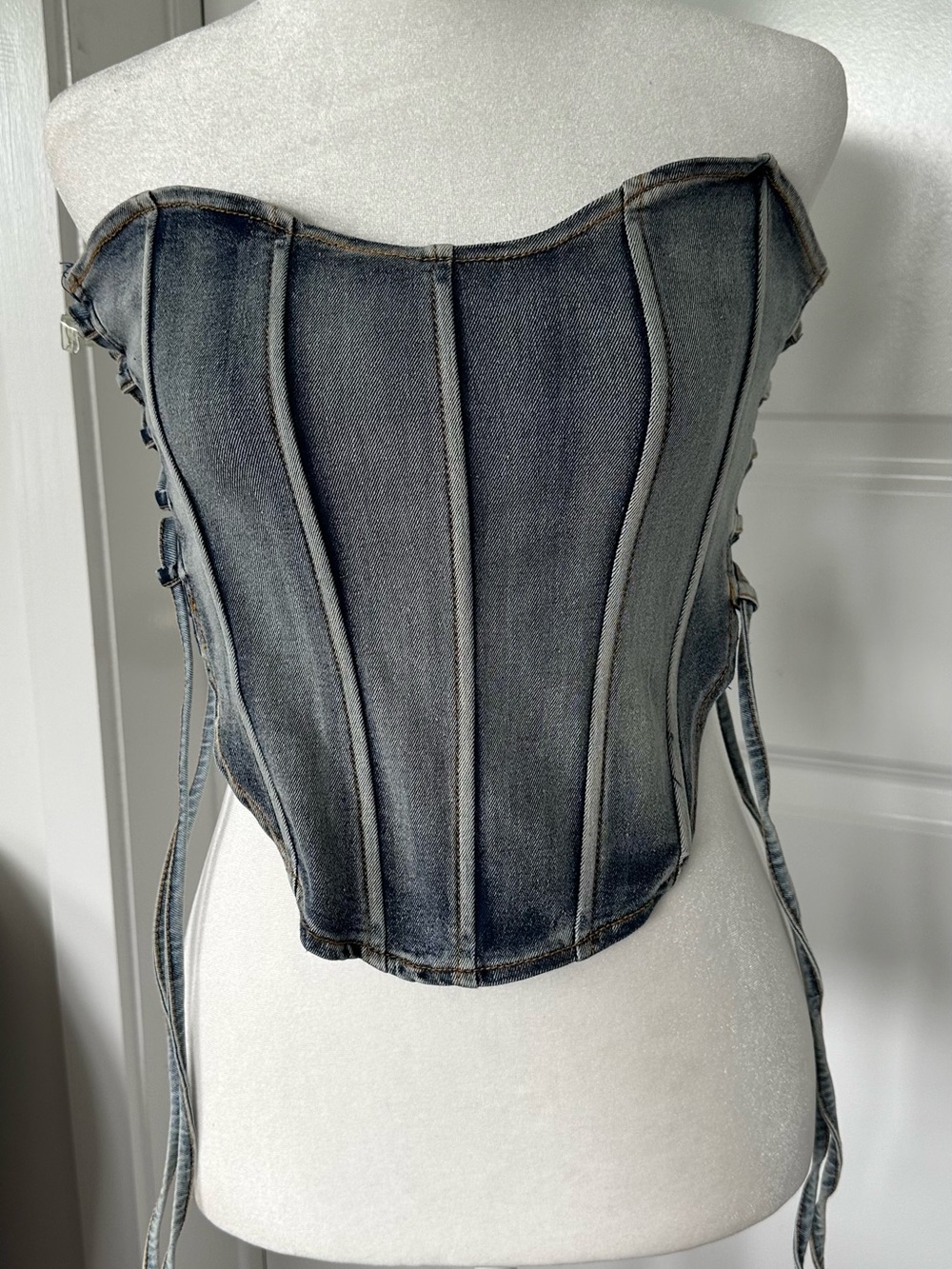 Denim Corset Bustier Top - Faded Blue